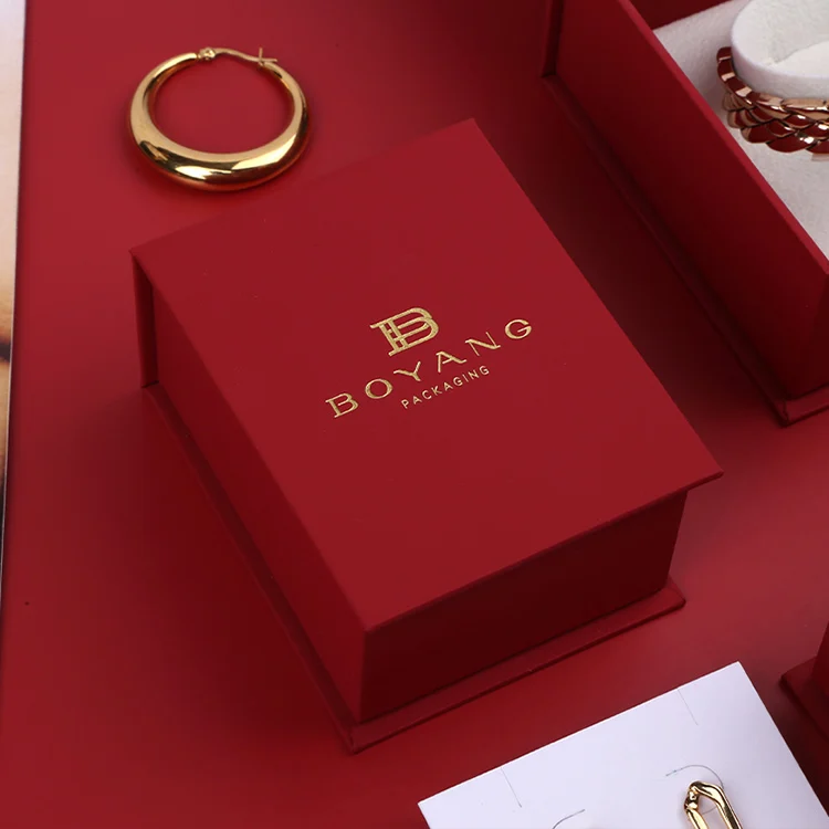 Boyang Custom Logo Printed Red Flip Paper Jewelry Earring Necklace Packaging Box