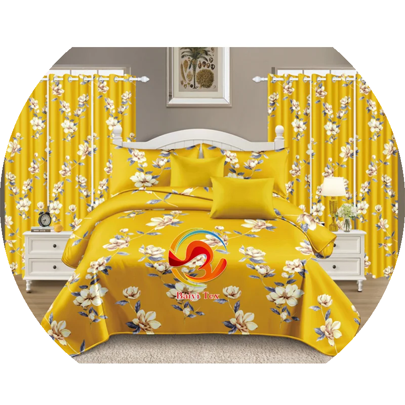 Cheaper high quality curtain set and bedsheets polyester microfiber printed queen size bedding set matching pillowcase for home