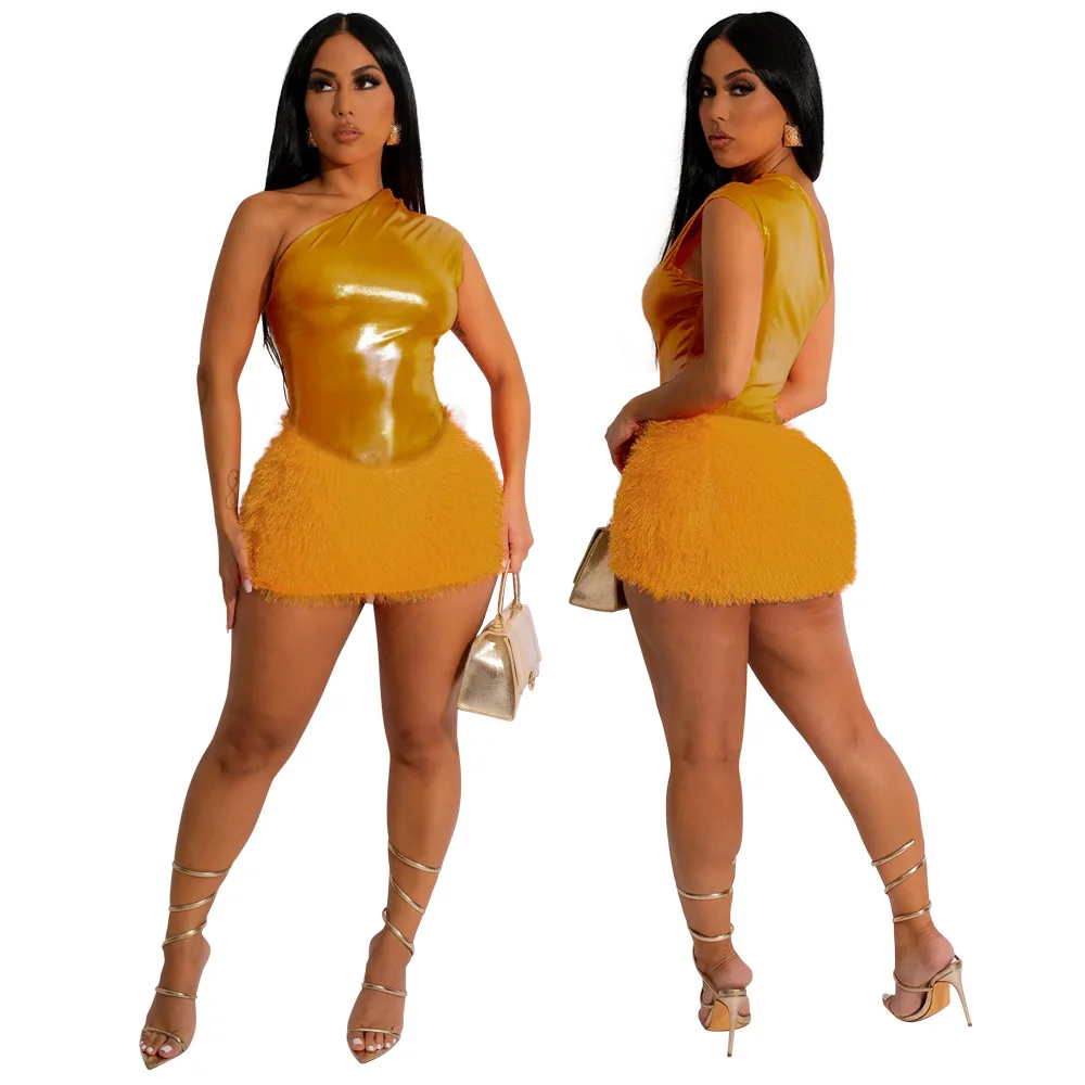 2023 Hot selling spring summer sexy slim Hip skirt bright leather knitted wool cloth one-shoulder skirt Women Mini Bodycon Dress