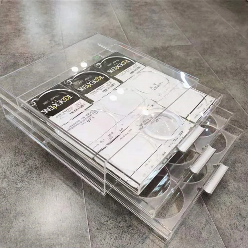 Two layer 18 grids three layers 27 grids for glasses shop optician center drawer type transparent acrylic lens display box stora