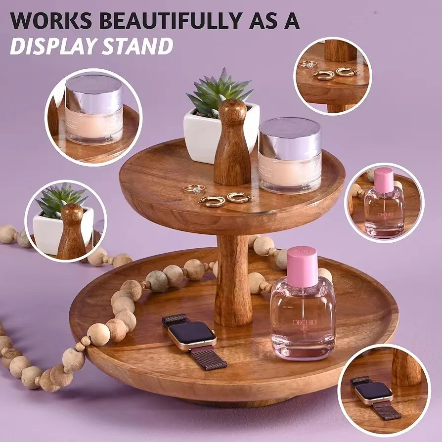 Two-Tiered Wood Cupcake Tray Display for Weddings Elegant Necklace Tray Deli Plate Art-Themed Dessert Table Trays Snacks Gifts
