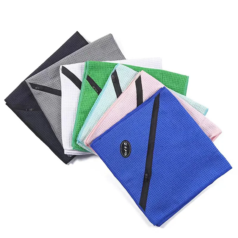 Wholesale Custom Embroidery Logo Microfiber Workout Sport Gym Zipper Pocket Waffle Towel