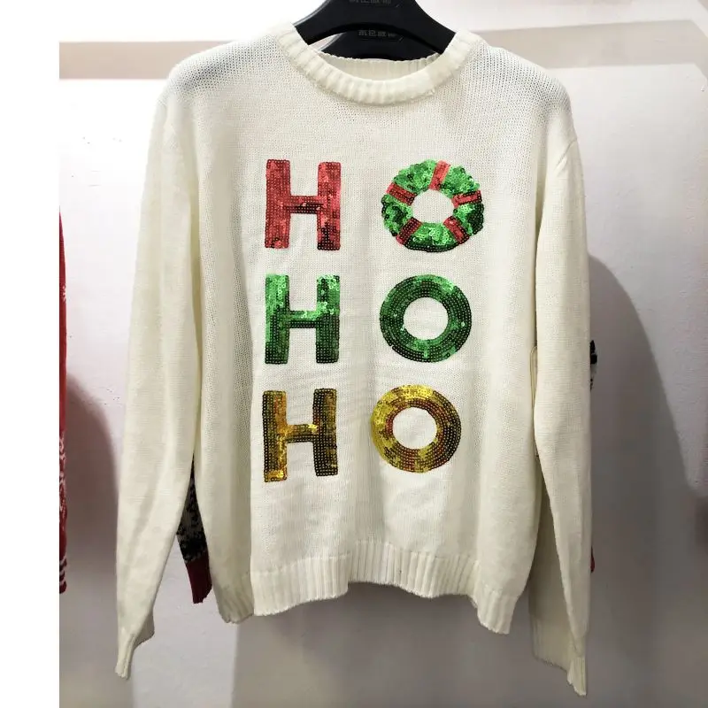 
Ugly Christmas jacquard sweater sequin embroidery knit cardigan and winter Elf ,gift box, pullover with bells ,pompoms 