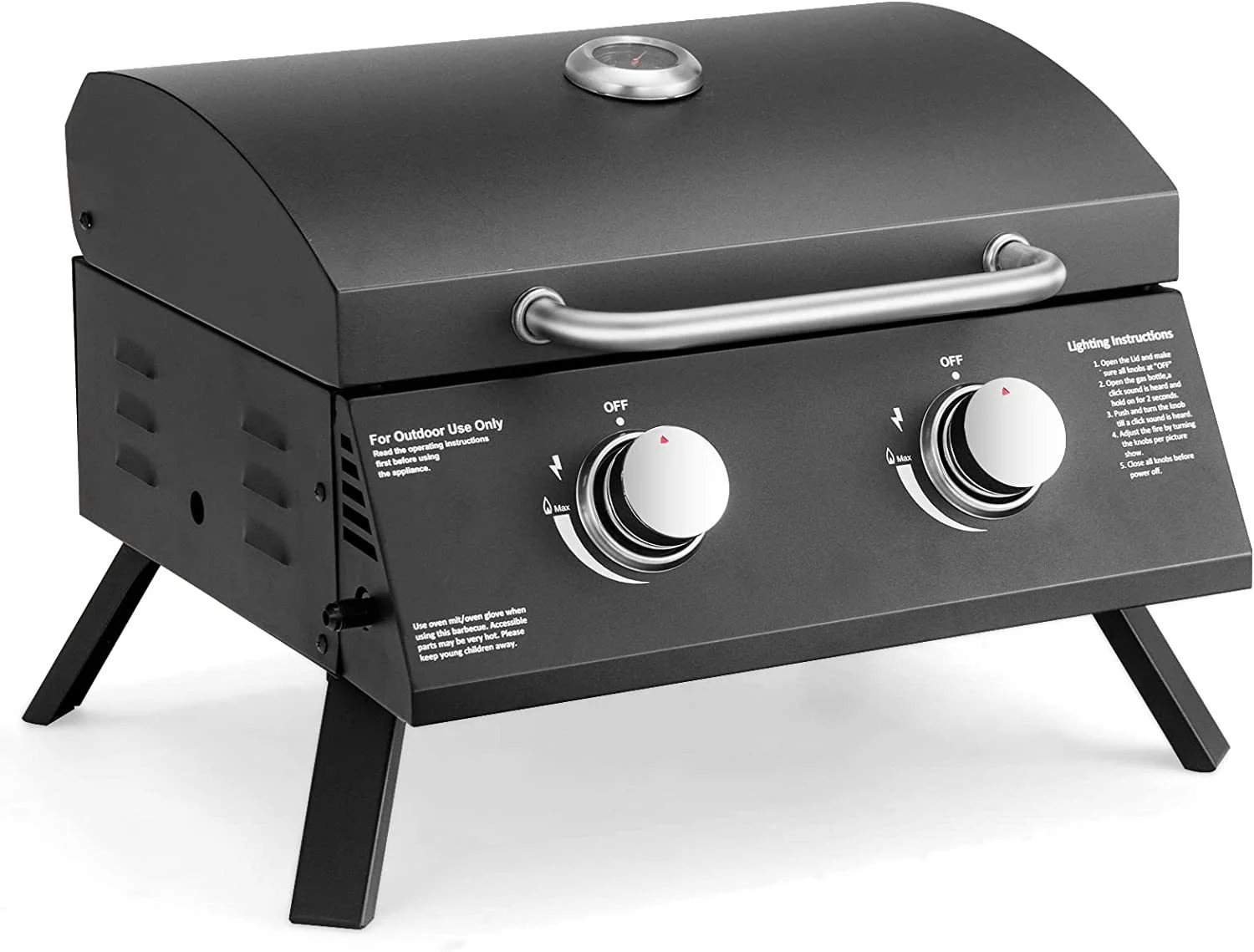 Black Portable Propane Gas Grill Arbecue Grill with 2 Burners for Outdoor Cooking Camping