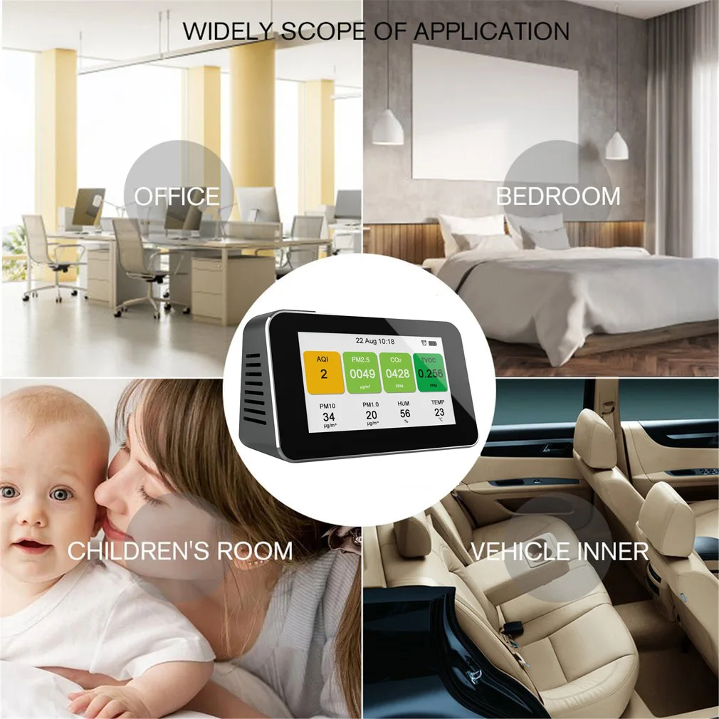Indoor/Car Air Quality Monitor Accurate Testing TVOC Gas Pollution Detector for PM1.0 PM2.5 Temperature and Humidity Particle