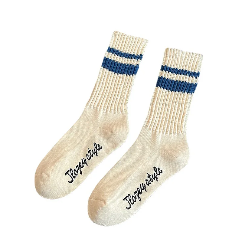 Custom thick ribs stripe socks quality organic cotton bamboo polyester print logo comfortable men women sport socks