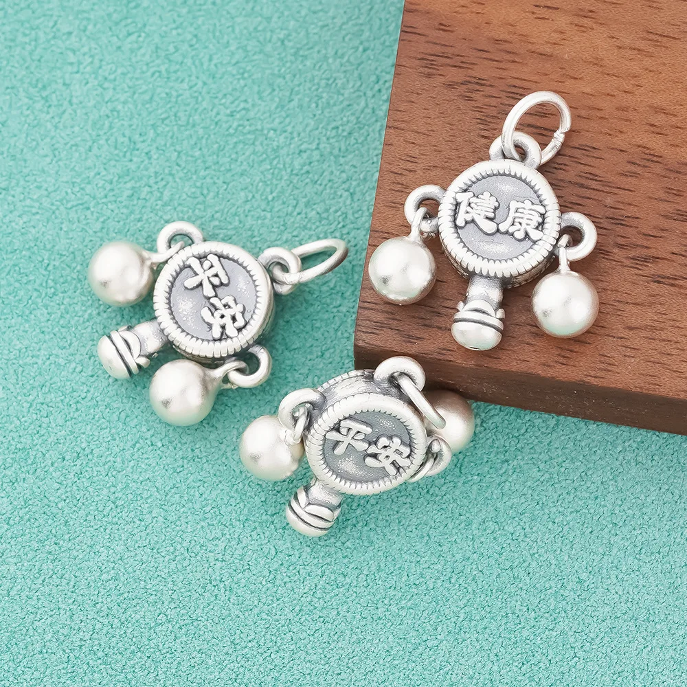 New Retro Chinese Retro S925 Silver Pendant DIY Baby Red Rope Bracelet with Safe Health Rattle Foot Pendant