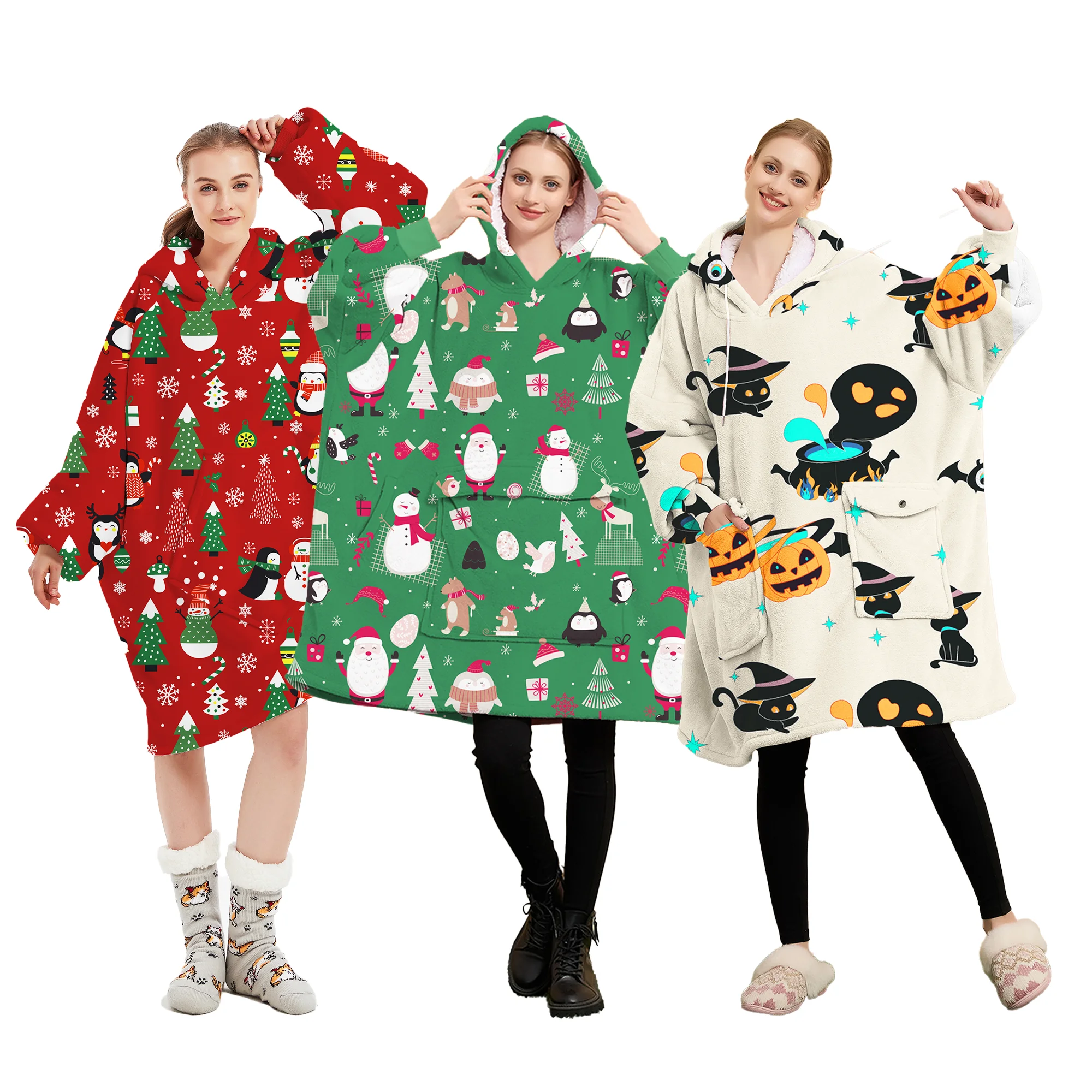 Christmas Present Gift Flannel Wholesale Long Lined Fleece Warmer Wearable Oversized Soft Print Sweatshirt Hoodie Blankets