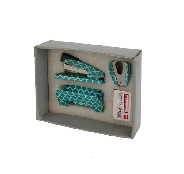 Customized 4-Piece Steel Office Stationery Set for School Stapler Staple Needles Staple Puller Hole Puncher in Case Packaging