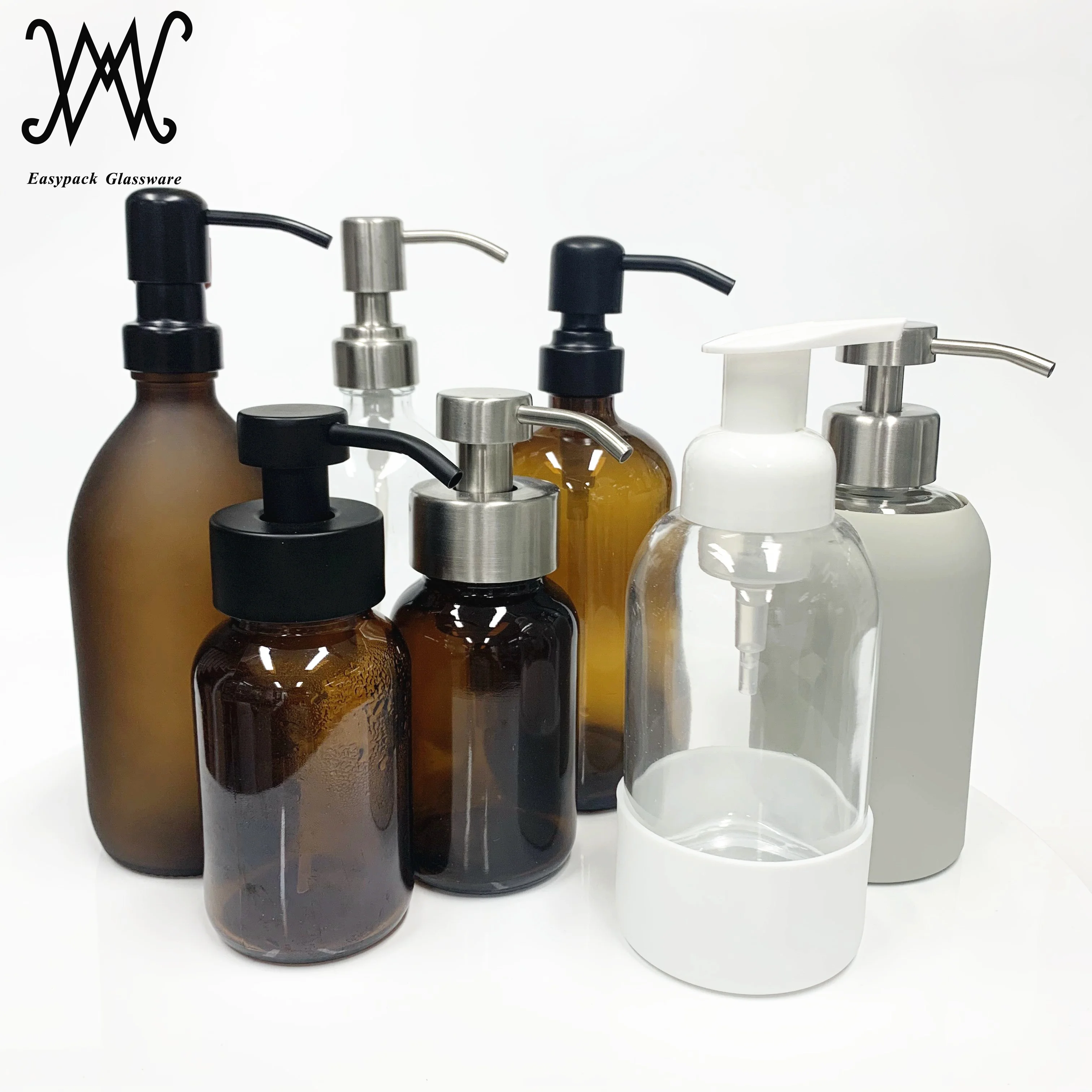 
250ml wide mouth amber glass bottle with matte black stainless steel hand soap dispenser pump 