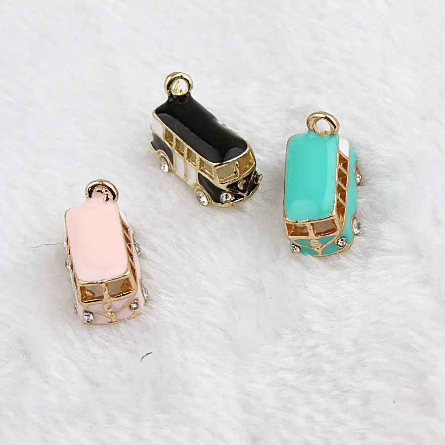Lovely Bus Pendant Jewelry Accessories Rhinestone BRT Car Enamel Charms Gold Tone Oil Drop DIY Bracelet Floating