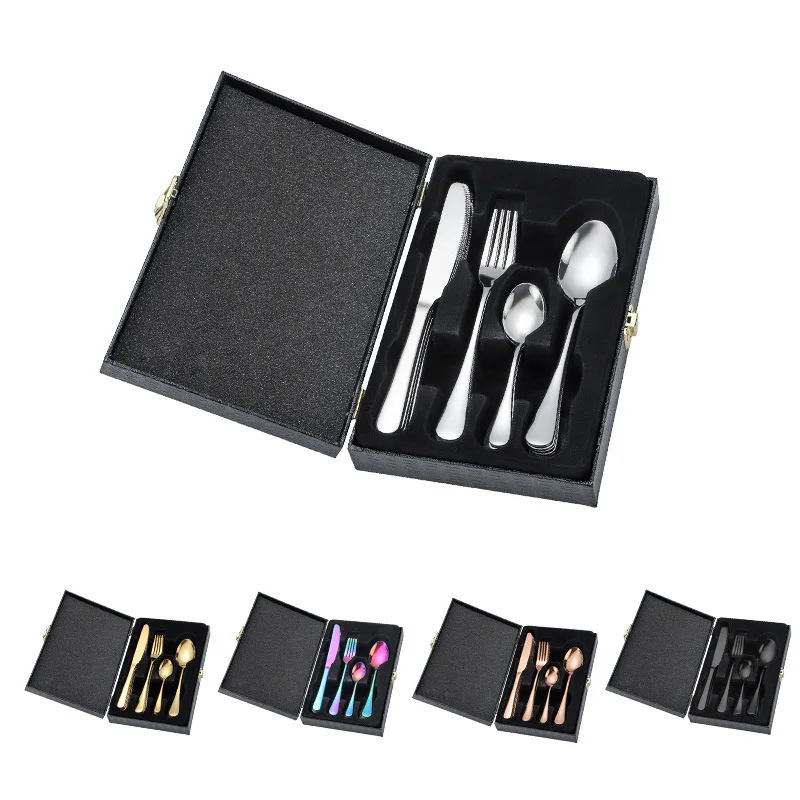 cubiertos luxury stainless steel knife spoon fork set 24 Pieces for 6 gold flatware Cutlery Set with black gift wood packing box