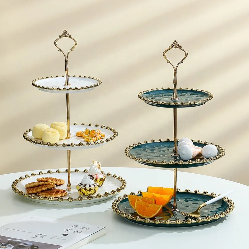 3 Tier Cake Stand Ceramic Dessert Plate Server for Birthday Fruit Display Wedding Cake Stand Serving Tool with Gold Beaded Rim