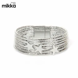 Multiple Layer Star Charms PU Leather Handmade Magnetic Clasp Bracelet for Women Jewelry Gift