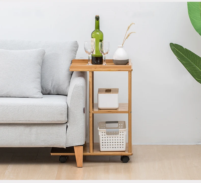 
Modern Bamboo Rolling Sofa Side Table Mobile Snack Coffee Tray End Table With Wheels For Living Room Bedroom Small Spaces 
