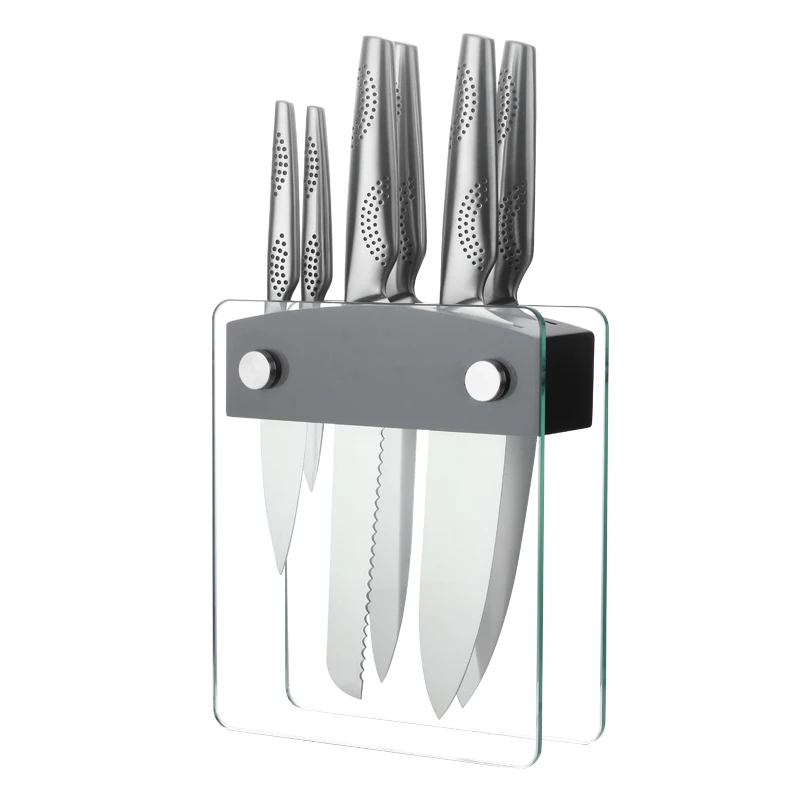 Tempered Glass Knife Stand with Black Wood Block