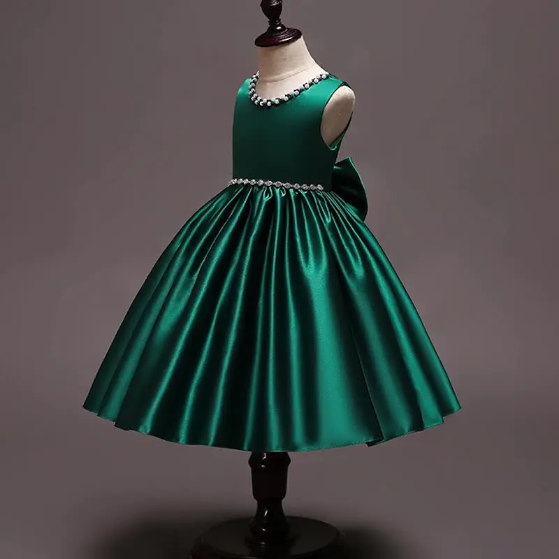 2020 High Quality Wedding Satin Sleeveless Girl Party Dress O-neck Girl Dress 4-12 Years Red Christmas Party Dress