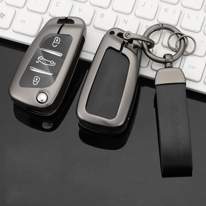 Car Key Case Cover For Peugeot 208 3008 308 508 408 2008 307 4008 5008 Leather Zinc Alloy keychain Remote Key Shell Case For Car