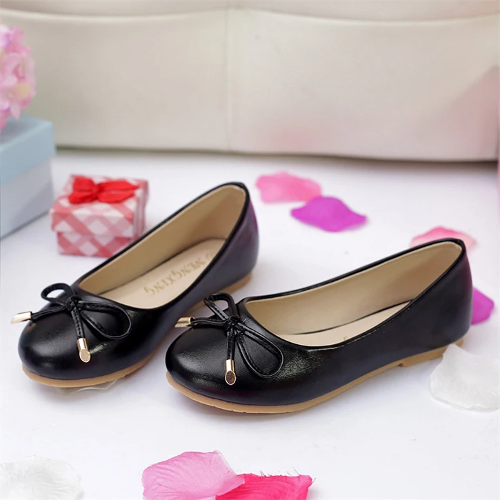 With Bow Wedding Flower Girl School Shoe Holy Communion Teen Princess Girl's Flat Shoes OEM Rubber PU Kids Girls White Pink