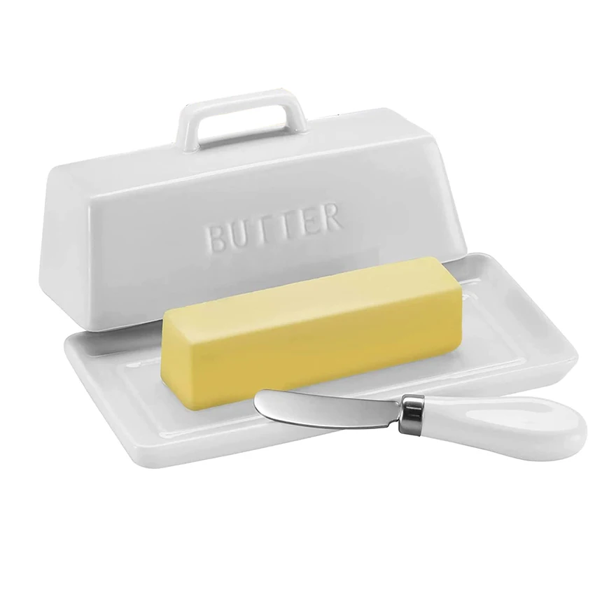 Wholesales beautiful on any countertop Ceramic Butter rectangle Dish Set with Lid and Knife