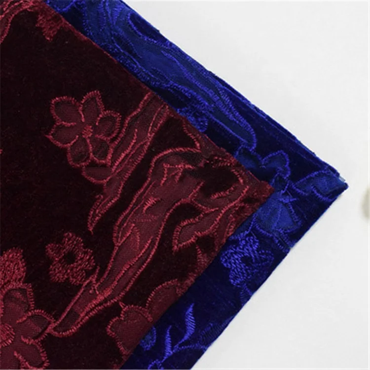 Deep Red Laser Cut Velvet Clothing Patterned Flower Mesh Velvet Embroidery Fabric