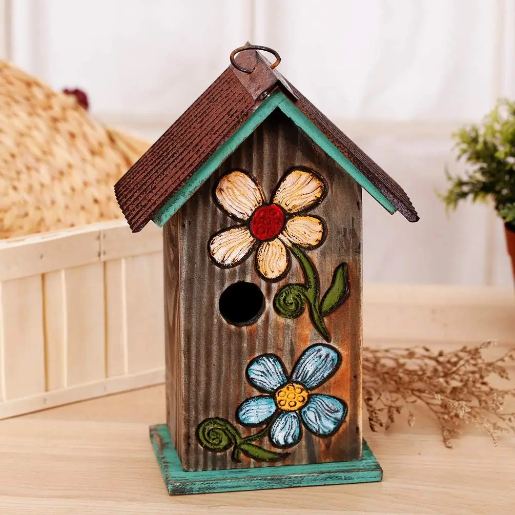Carved wooden flower-shaped bird house with ring-hung bird house for garden patio porch decoration