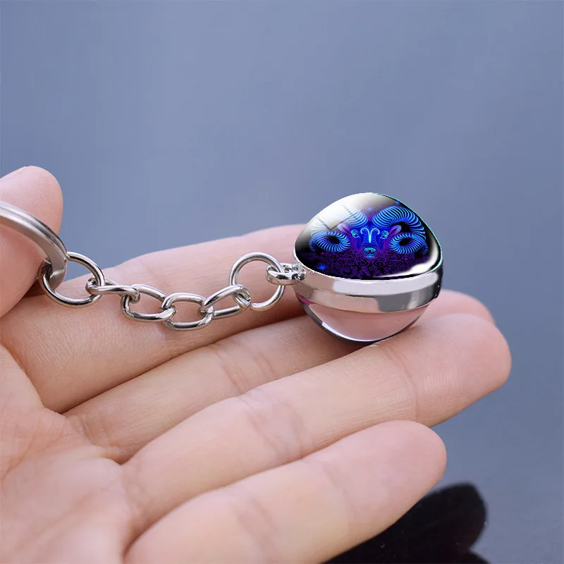 12 Constellation Keychain Luminous Glass Ball Pendant Zodiac Key Rings Keychains