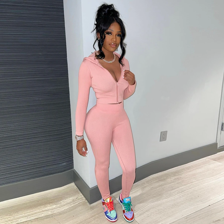 Kliou K23S37386 Fall clothing casual women zipper two piece outfits hooded sweat suit jogger tracksuit set