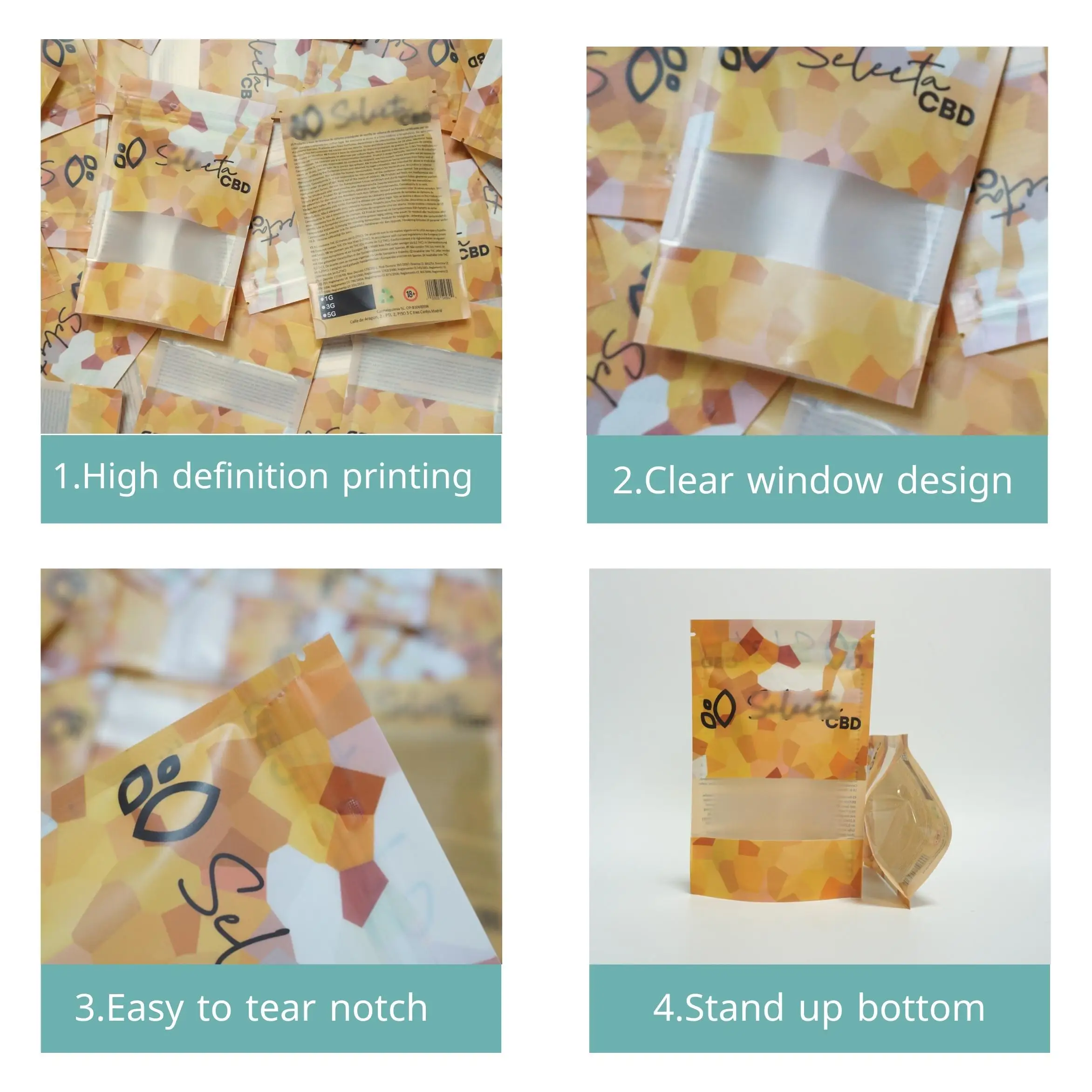 Custom Digital Printing Plastic Resealable Candy Nuts Mylar Bags For Food Storage Packaging Ziplock Clear Window Stand Up Pouch