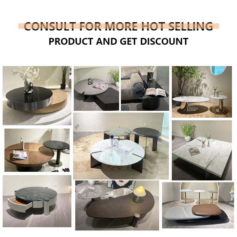 Contemporary Living Room Wood Center Tables with Metal Base Simple Irregular Shape Marble Top Side Coffee Table Set