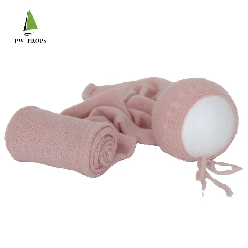 Wrap set Baby Knit Swaddle Wrap Baby Girl Photography Props Textured Cotton Baby knit mohair hat props