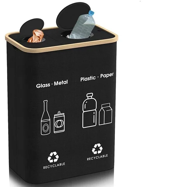 Custom Design Foldable Double-layer Rectangular Storage Recyclable Bamboo Oxford Cloth Bottle Recycling Storage Basket