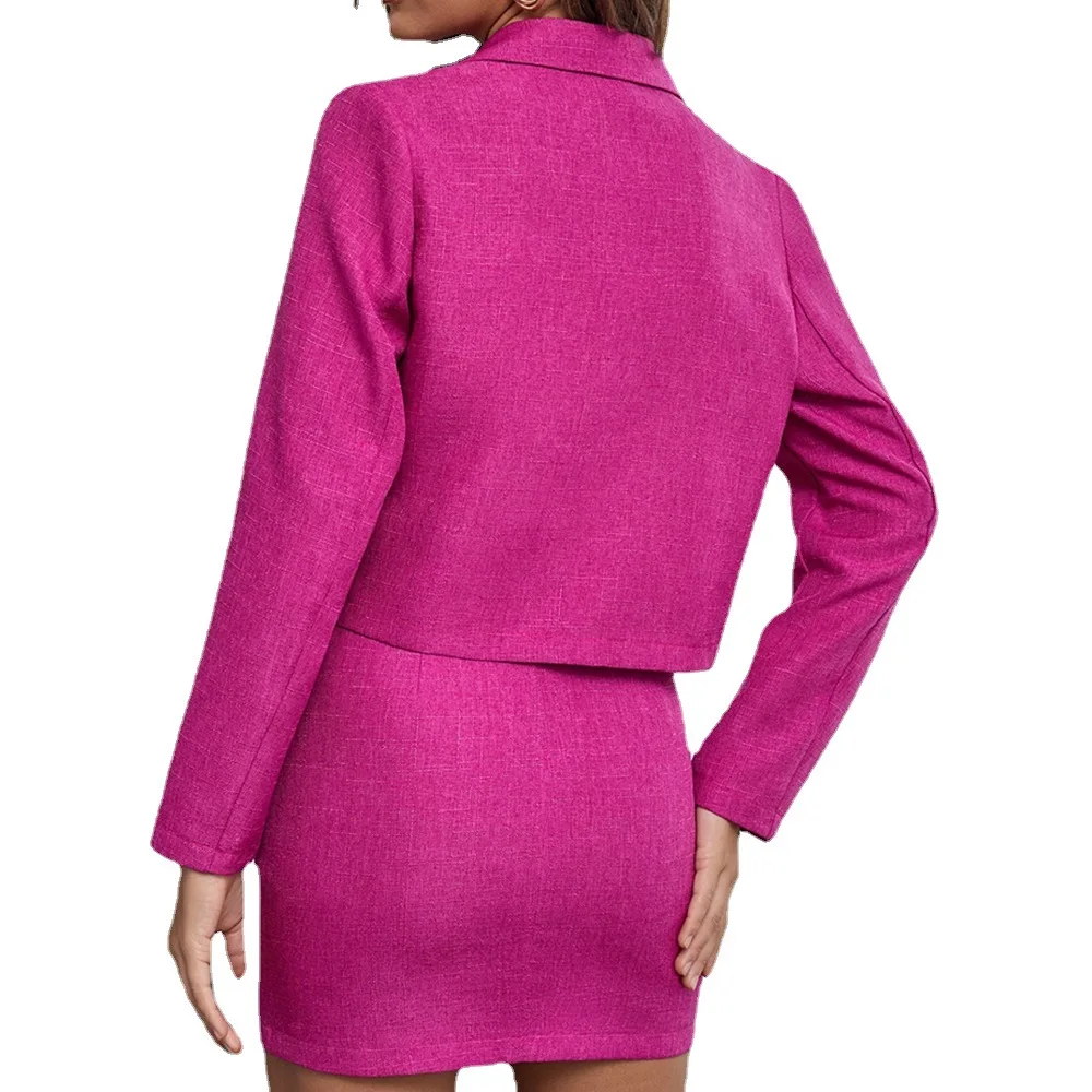 Wholesale elegant rose red women jacket suit women two piece blazer suit pink blazer and skirt