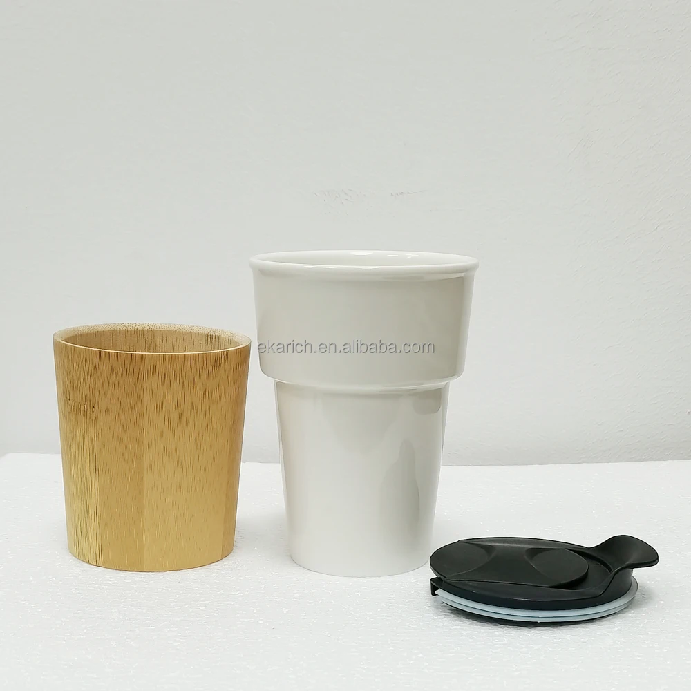 Natural Ecofriendly ceramic cup with bamboo base American Style Bamboo Coffee Tumbler Novelty Mug with Bamboo Sleeve and Lid