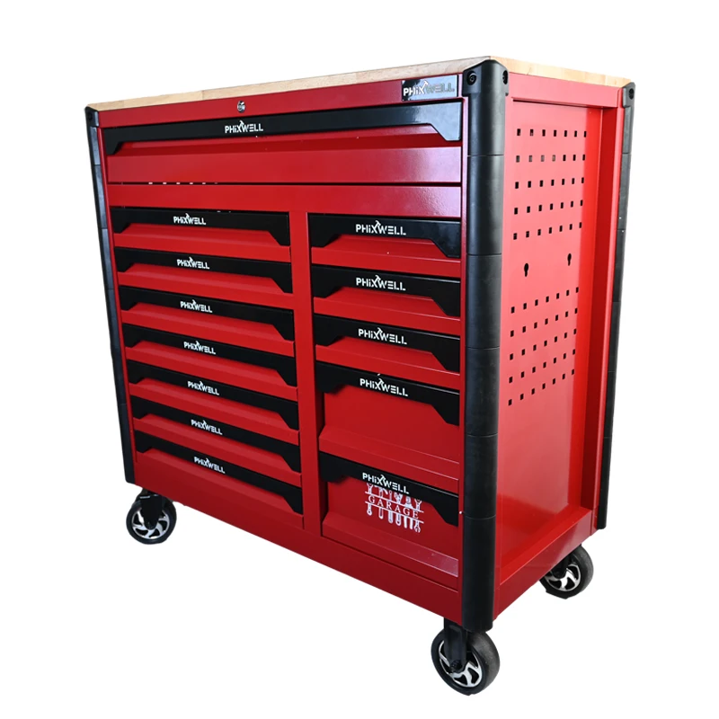 PHIXWELL  new model Workshop Trolley 13 Drawers metal tool cabinet chest cart with wooden countertop for hand tool set storage