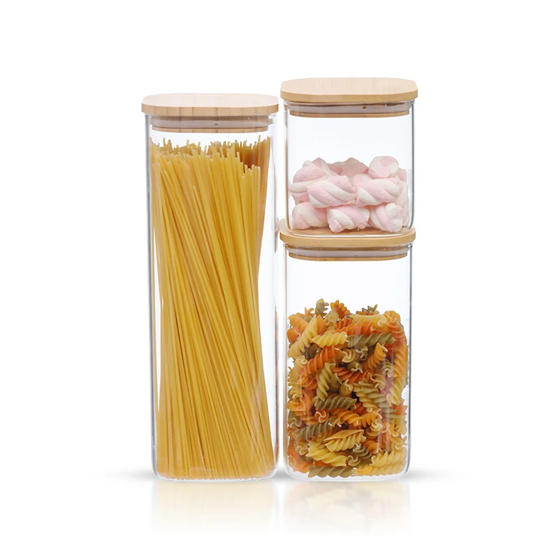 custom high borosilicate glass food storage jars containers bamboo lids kitchen canister with wooden lids set