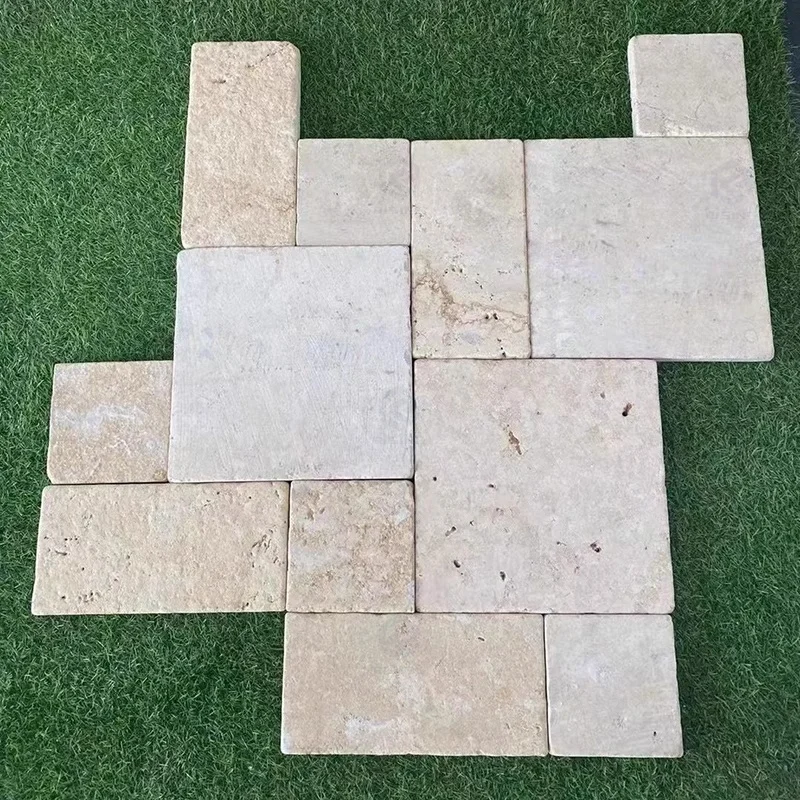Tumbled Homed Natural Travertine Outdoor Indoor Floor Paving Stone Tile French Pattern Limestone Pavers