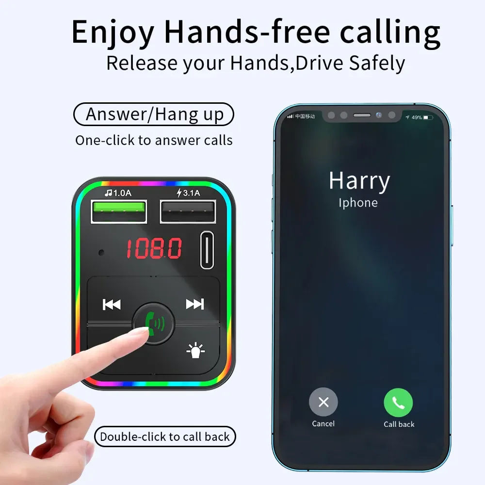 Wholesale F2 car MP3 player car wireless Bluetooth hands-free fairy tale FM transmitter LED display rainbow light PD car charger