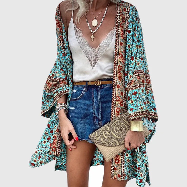 Summer Floral Printed Beach Cover Up Tops Bohemian Kimono Women Long Sleeve Cardigan Casual Loose Holiday Blouse Shirt Cover Up