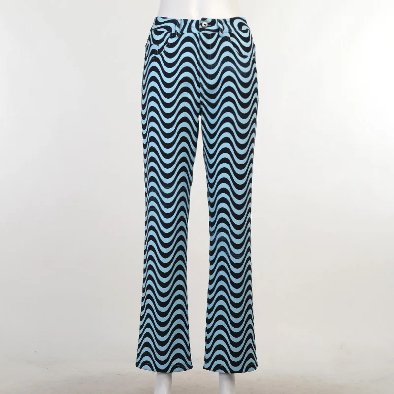 New Designer Women Casual Straight Pants Wave Pattern Printed Long Trousers For Ladies Summer Zip Fly High Waist Sweat Pants