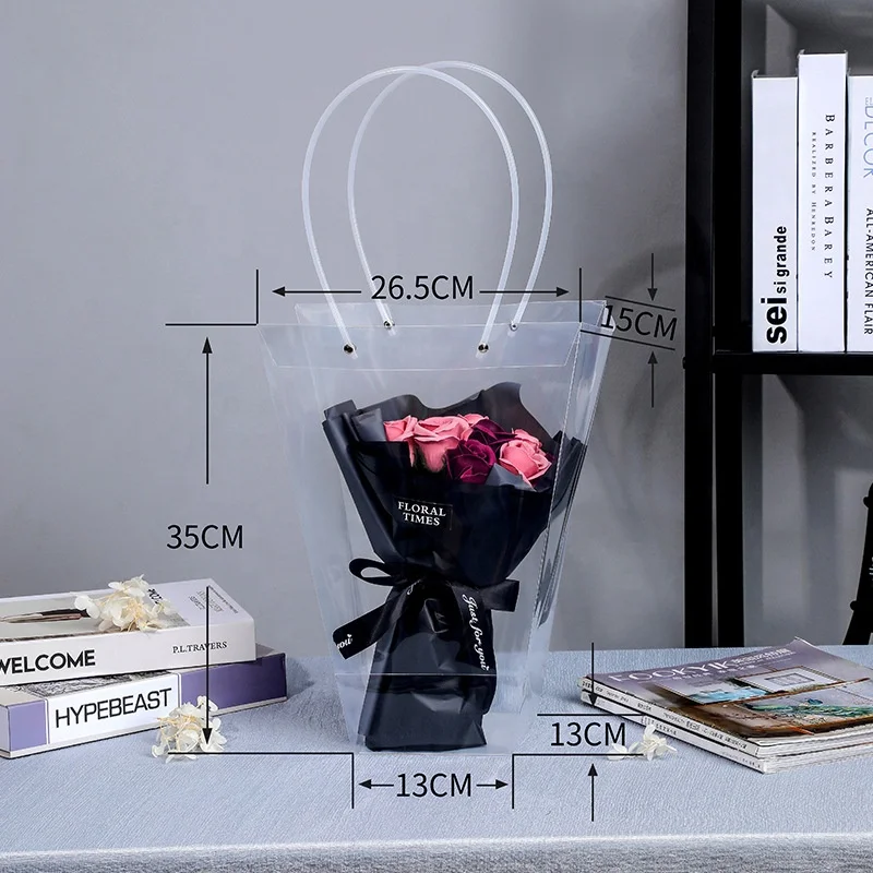 customized logo Transparent trapezoid PP bag Plastic clear flower packing Bag with long handle