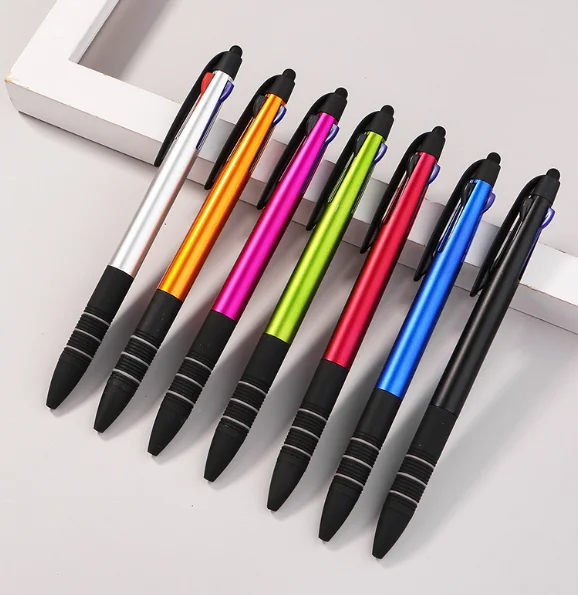 Good quality advertising ballpen 3 colors ink pen multi-colored plastic stylus pen