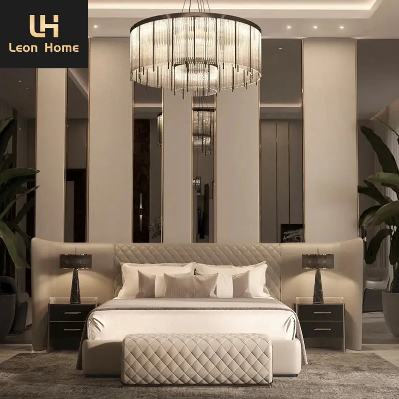 Italian Luxury Bed Latest Design Bed Velvet Fabric Large Headboard Super King Size Bed