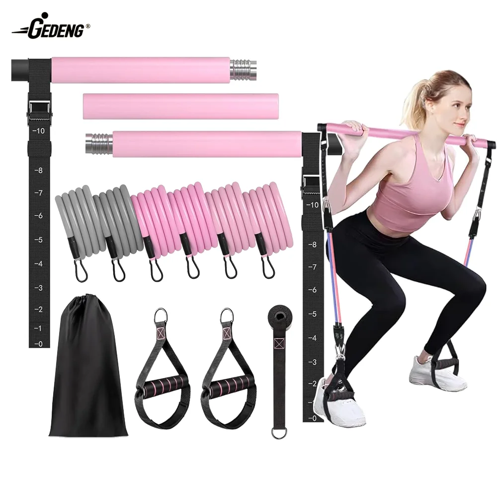 GEDENG Pilates Bar Kit with Resistance Band for Portable Home Gym Workout, 3-Section Yoga Pilates Stick Muscle Exercise Equip