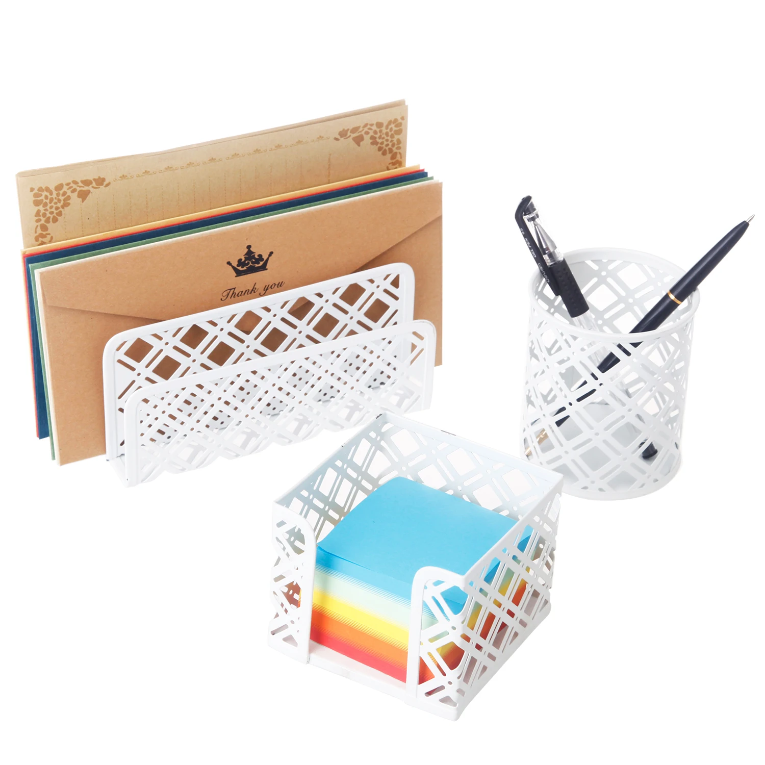 White 5 Pieces Metal Mesh Office Desktop Accessories with Pen Holder Storage Holder Office Supply Desk Organizer Stationery Set