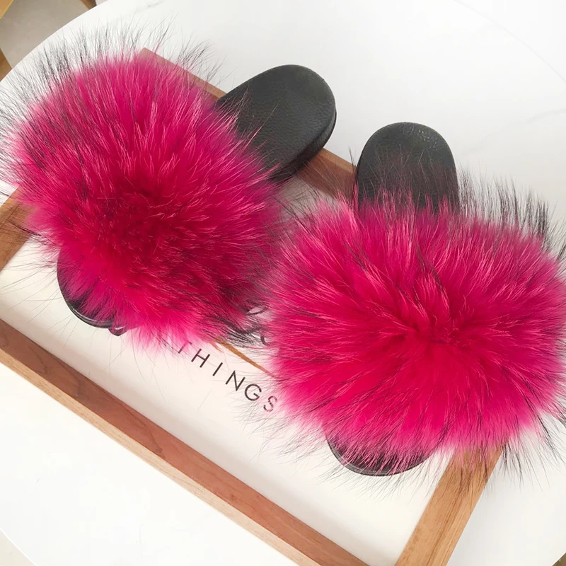 
2020 Summer Shoes Women Home Flat Sandals Female Cute Fluffy Brand Luxury Fluffy Raccoon Fur Slippers 