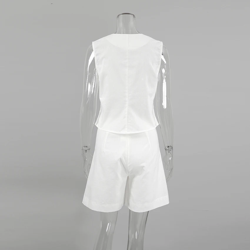 OOTN Women 2 Pieces Elegant Blue V-Neck Slim Tops Fashion Cotton Wide Leg Shorts Suits Vacation Summer White Linen Shorts Sets