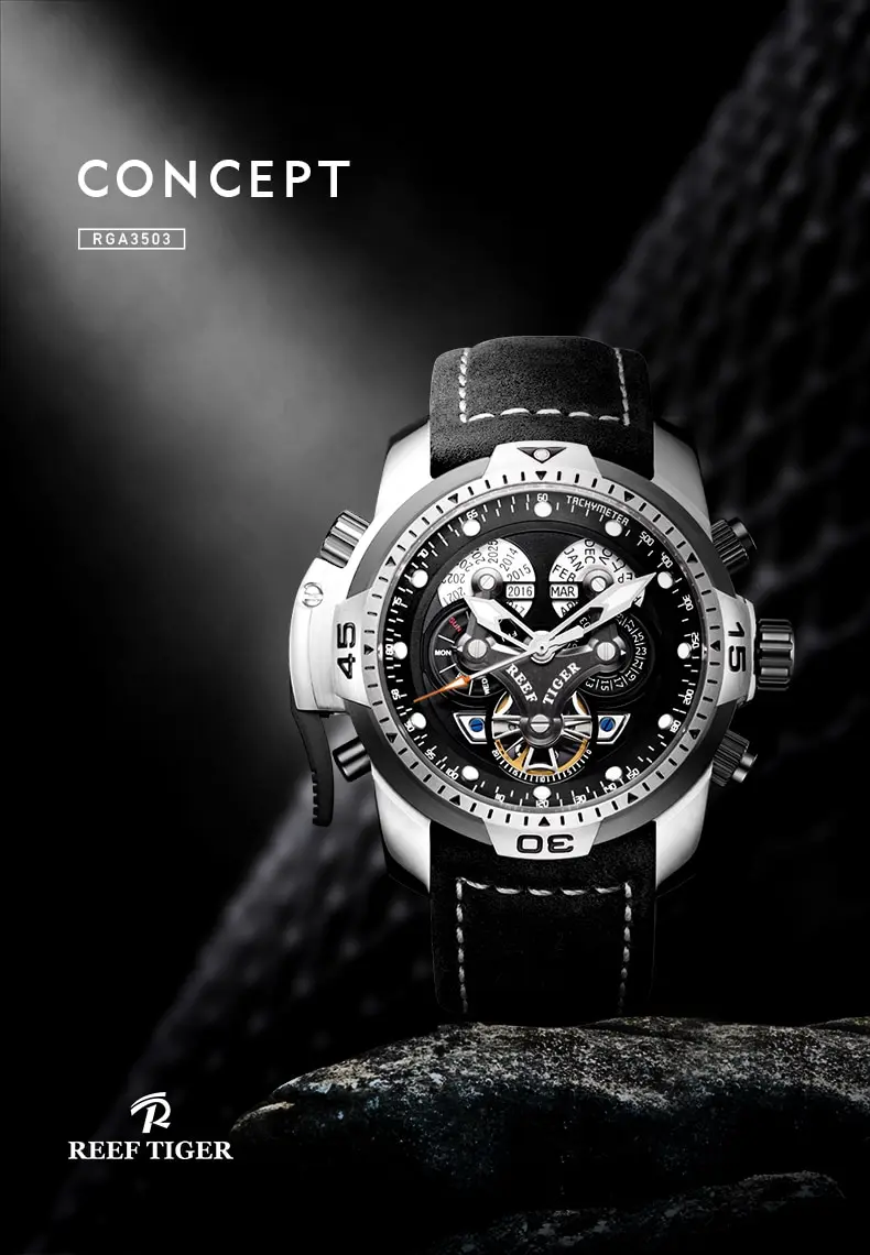 Reef Tiger RGA3503 2024 Watch Rubber Automatic Calendar Date Day Complicated Black Dial Mechanical Bracelet tiger reef watches