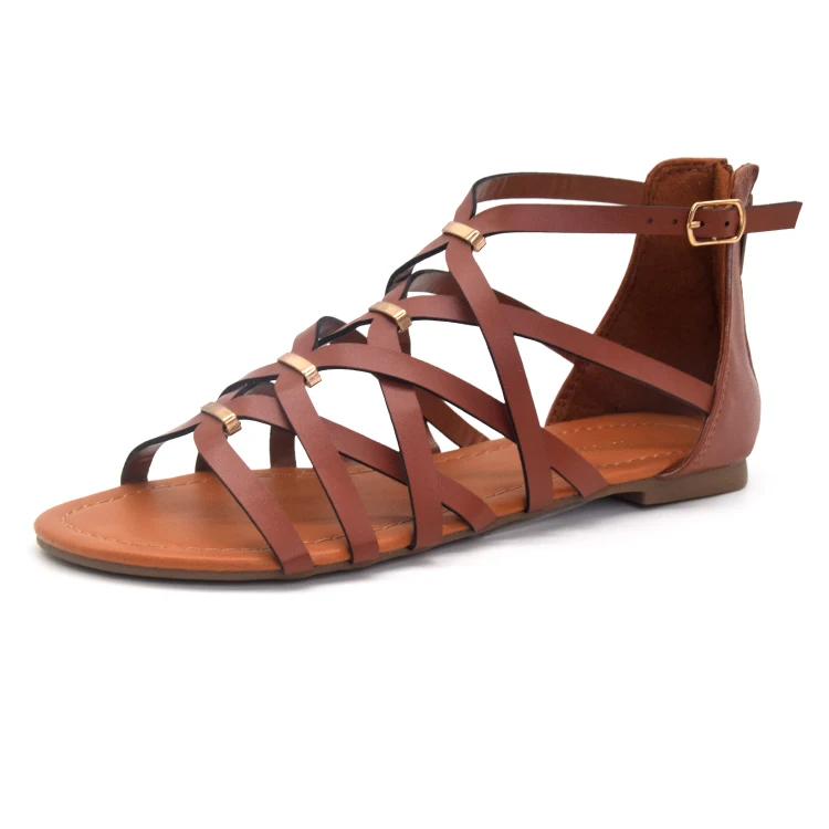 Summer shoes women 2023 wholesale beautiful black brown color open toe buckle strap ladies flat heels sandals