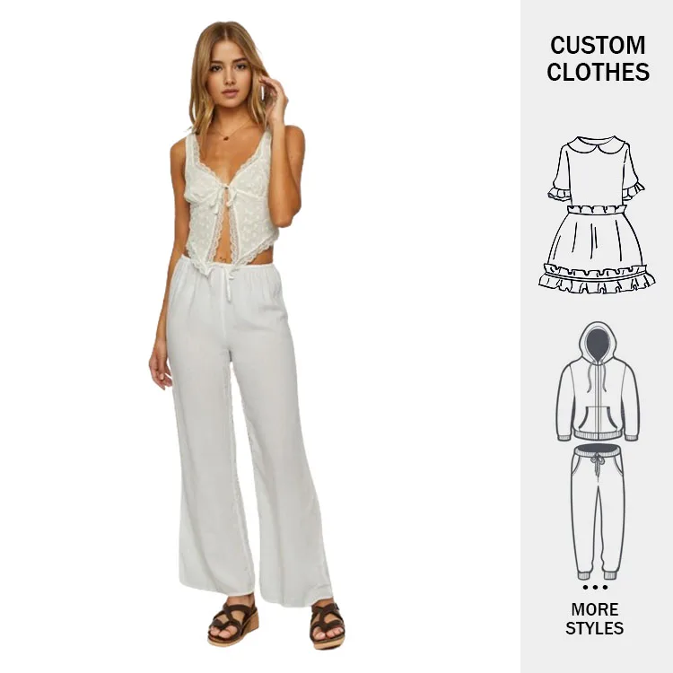 2024 модный белый кружевной топ без рукавов с бантом и белыми брюками из двух предметов женский сексуальный повседневный костюм